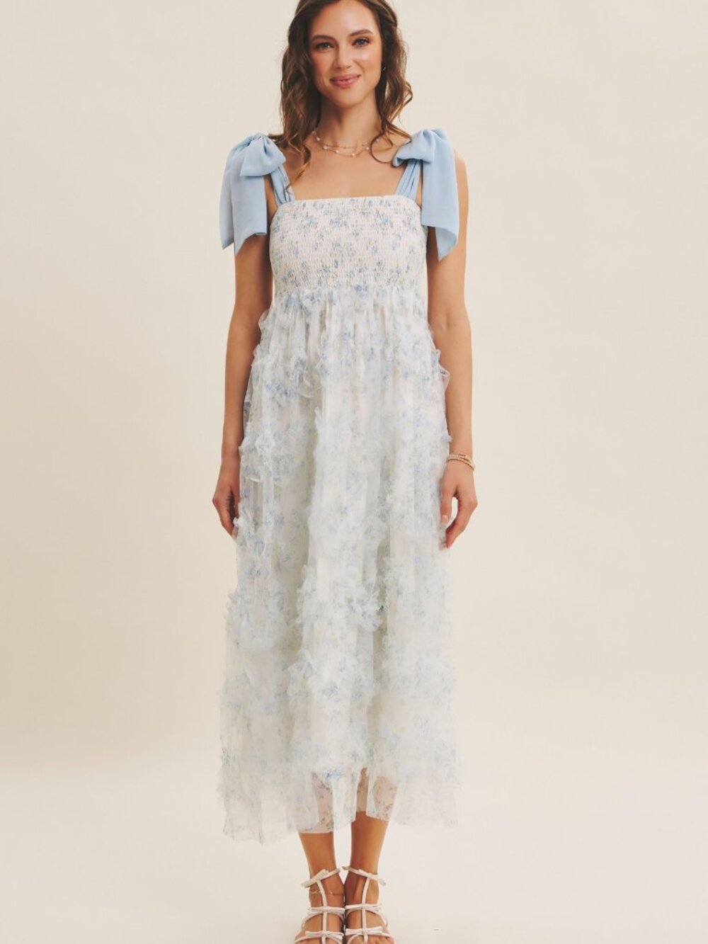 Textured Floral Smocked Midi Dress Tie Straps